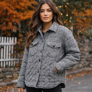 RD Style Black White Plaid Quilted Jacket | Button Front Shacket Coat Cozy Chic